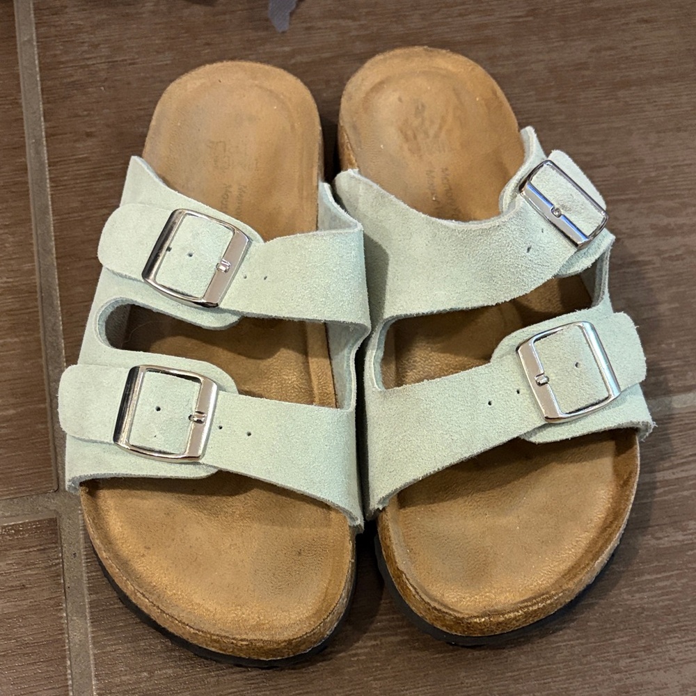 Women Double-Buckle Suede Slide Sandals in Light Mint